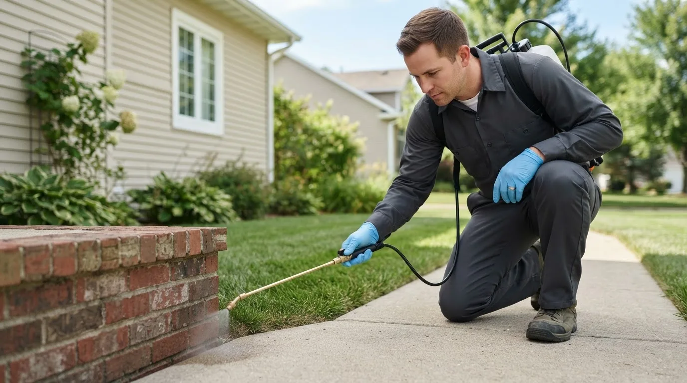 Pest control technician treating a home near Saint Croix, IN